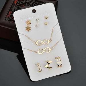 Punk Style Women Gold Color Jewelry Sets Chain Choker Necklace Crystal Stud Earrings Infinity Bracelet Anel Rings Set Jewellery