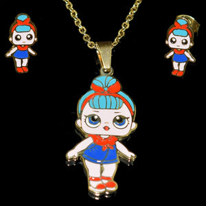 Fashion Cartoon Pink LOL Doll Stainless Steel Golden Plated Necklace Earrings Sets for Kids