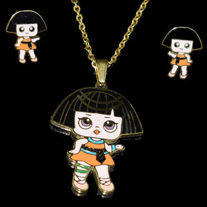 Fashion Cartoon Pink LOL Doll Stainless Steel Golden Plated Necklace Earrings Sets for Kids