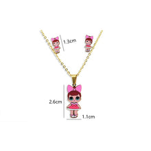 Load image into Gallery viewer, Fashion Cartoon Pink LOL Doll Stainless Steel Golden Plated Necklace Earrings Sets for Kids