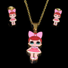 Load image into Gallery viewer, Fashion Cartoon Pink LOL Doll Stainless Steel Golden Plated Necklace Earrings Sets for Kids