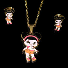 Load image into Gallery viewer, Fashion Cartoon Pink LOL Doll Stainless Steel Golden Plated Necklace Earrings Sets for Kids