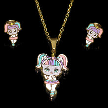 Load image into Gallery viewer, Fashion Cartoon Pink LOL Doll Stainless Steel Golden Plated Necklace Earrings Sets for Kids