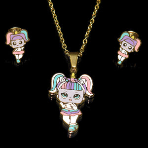 Fashion Cartoon Pink LOL Doll Stainless Steel Golden Plated Necklace Earrings Sets for Kids