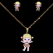 Load image into Gallery viewer, Fashion Cartoon Pink LOL Doll Stainless Steel Golden Plated Necklace Earrings Sets for Kids