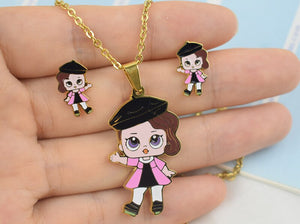 Fashion Cartoon Pink LOL Doll Stainless Steel Golden Plated Necklace Earrings Sets for Kids