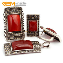 Load image into Gallery viewer, Antiqued Silver Ring Earrings Pendant Jewelry Sets Rectangle Agates Beads Fashion Jewellery Set